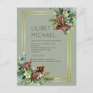 Postal PRESUPUESTO Invierno Red Berries Pine Cones Boda
