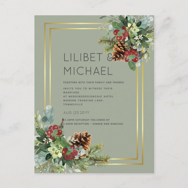 Postal PRESUPUESTO Invierno Red Berries Pine Cones Boda (Anverso)