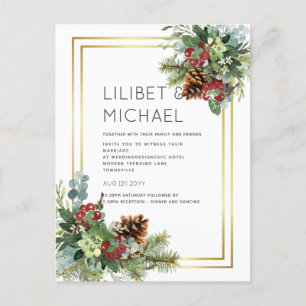 Postal PRESUPUESTO Invierno Red Berries Pine Cones Boda