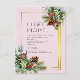Postal PRESUPUESTO Invierno Red Berries Pine Cones Boda