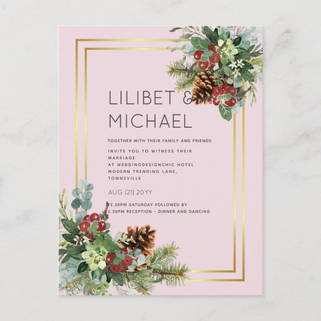 Postal PRESUPUESTO Invierno Red Berries Pine Cones Boda (Anverso)