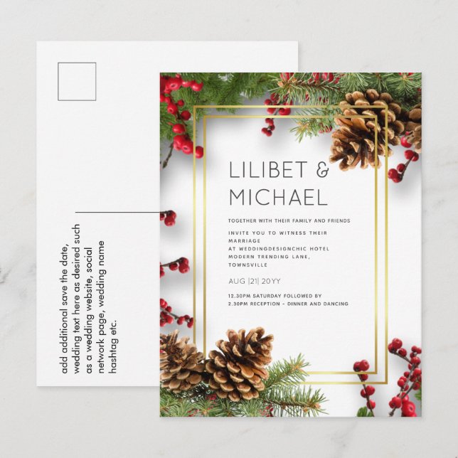 Postal PRESUPUESTO Invierno Red Berries Pine Cones Boda (Anverso / Reverso)