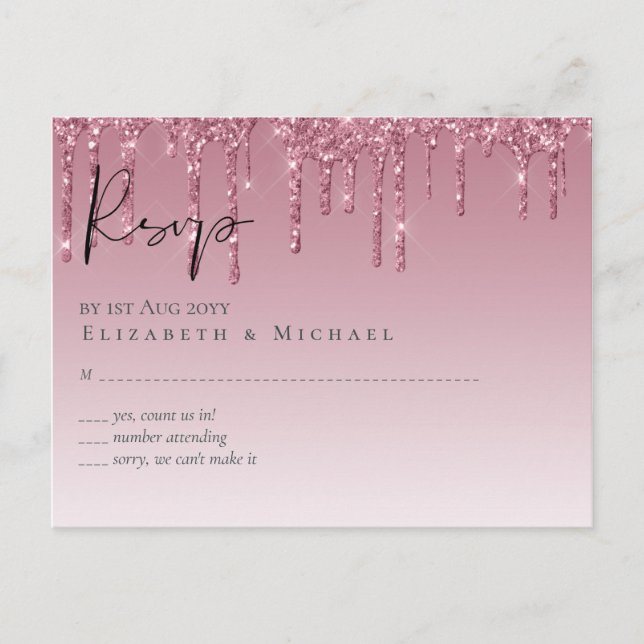 Postal PRESUPUESTO Purpurina rosa Boda RSVP (Anverso)