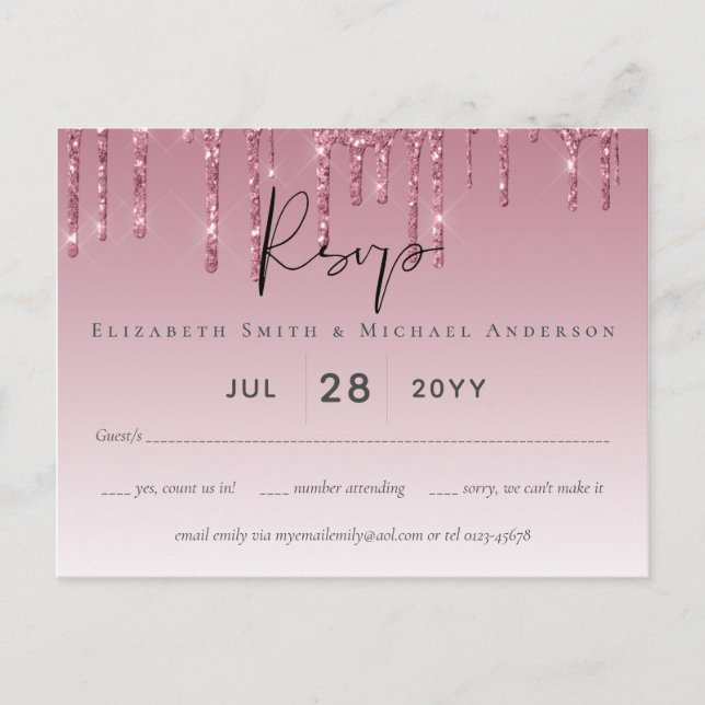 Postal PRESUPUESTO Purpurina rosa Boda RSVP (Anverso)