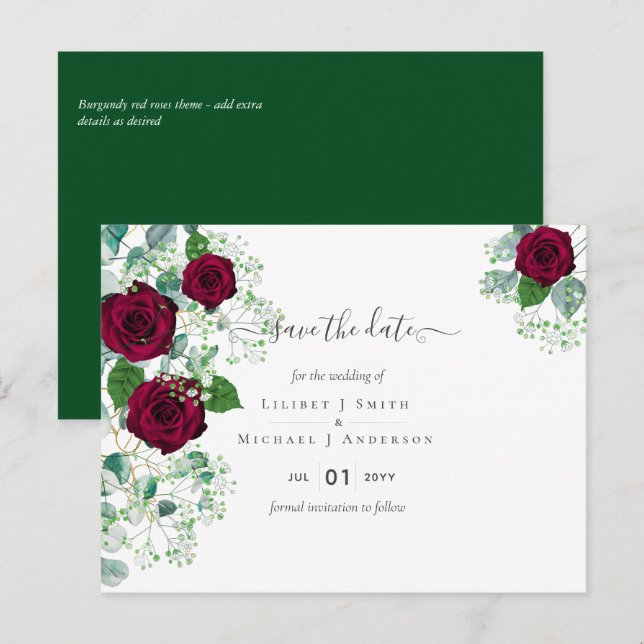 Postal PRESUPUESTO Rosas Rojas Borgoñas BODA Gypsophila (Anverso / Reverso)