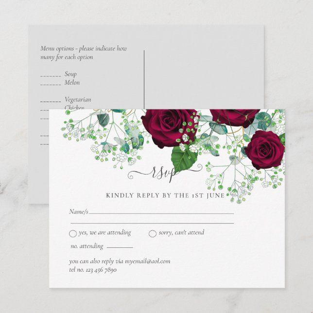 Postal PRESUPUESTO Rosas Rojas Borgoñas BODA Gypsophila (Anverso / Reverso)