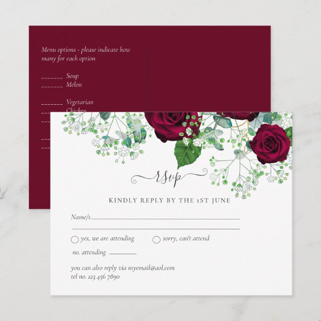 Postal PRESUPUESTO Rosas Rojas Borgoñas BODA Gypsophila (Anverso / Reverso)