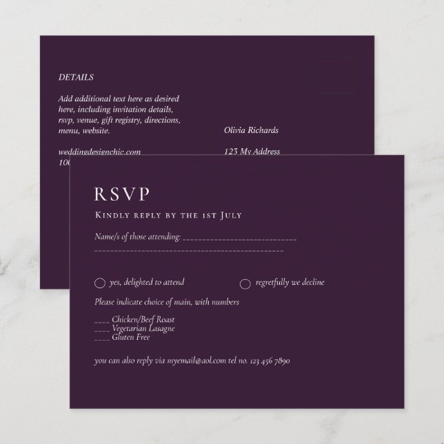 Postal PRESUPUESTO RSVP Plum Purple Monocromo Boda modern (Anverso / Reverso)
