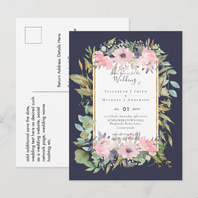 Postal PRESUPUESTO Rubor Boda de flores rosadas (Anverso / Reverso)