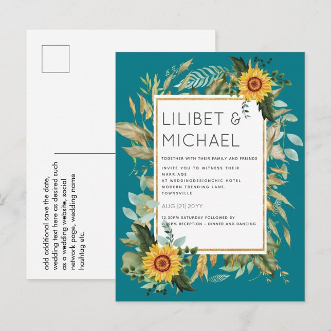Postal Presupuesto Rústico Sunflowers BOHO Greenery Boda  (Anverso / Reverso)