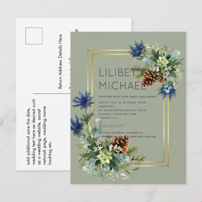 Postal PRESUPUESTO Thistle azul Eucalyptus Boda Wonderlan (Anverso / Reverso)