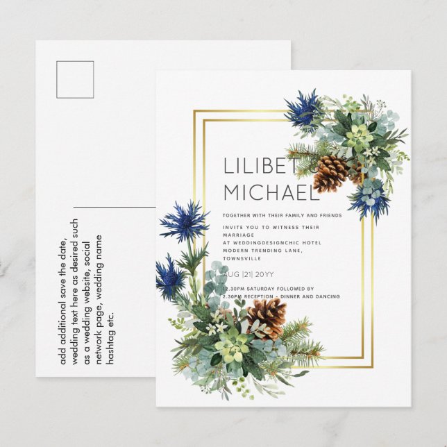Postal PRESUPUESTO Thistle azul Eucalyptus Boda Wonderlan (Anverso / Reverso)