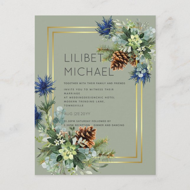 Postal PRESUPUESTO Thistle azul Eucalyptus Boda Wonderlan (Anverso)
