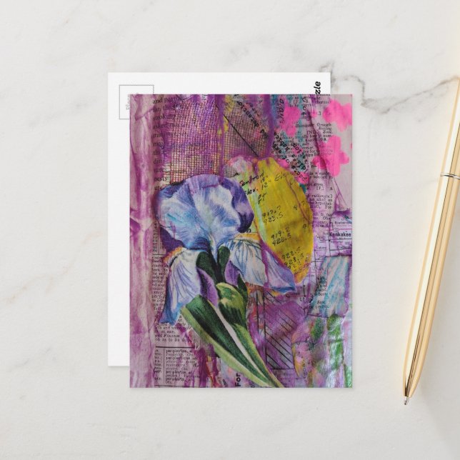 Postal Pretty Iris Flower pink stars mixed media collage  (Anverso/Reverso In Situ)