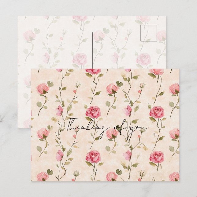 Postal Pretty Pink Cream Roses Floral Thinking of you (Anverso / Reverso)