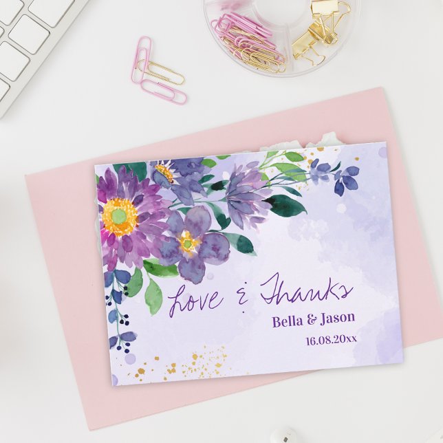 Postal Pretty Purple Blue Floral Wedding Thank You (Pretty Purple Blue Floral Wedding Thank You Postcard)