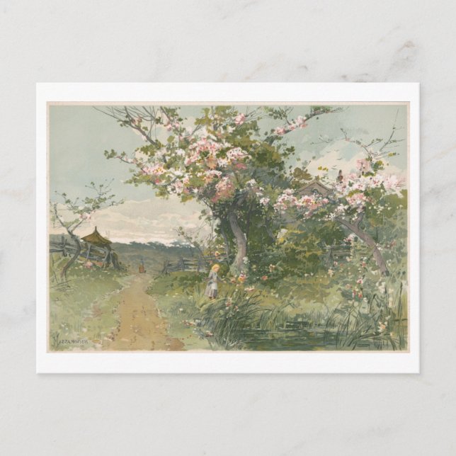 Postal Primavera de pintura de época con flores de cerezo (Anverso)