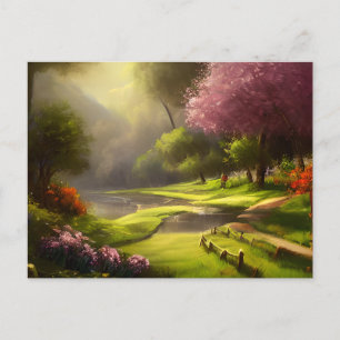 Postal Primavera en la aldea rural