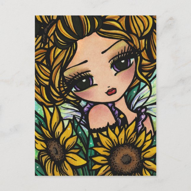 Postal Primavera Giro Bumblebee Fairy Fantasy Art Chica (Anverso)