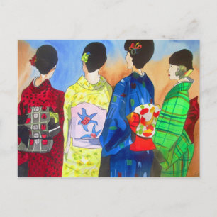 Postal Primavera Kimono Geisha arte japonés acuarela