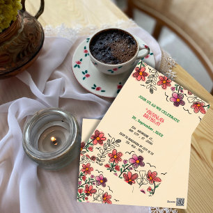 POSTAL PRIMAVERA ÚNICA DOODLE ROJO FLORES CUMPLEAÑOS