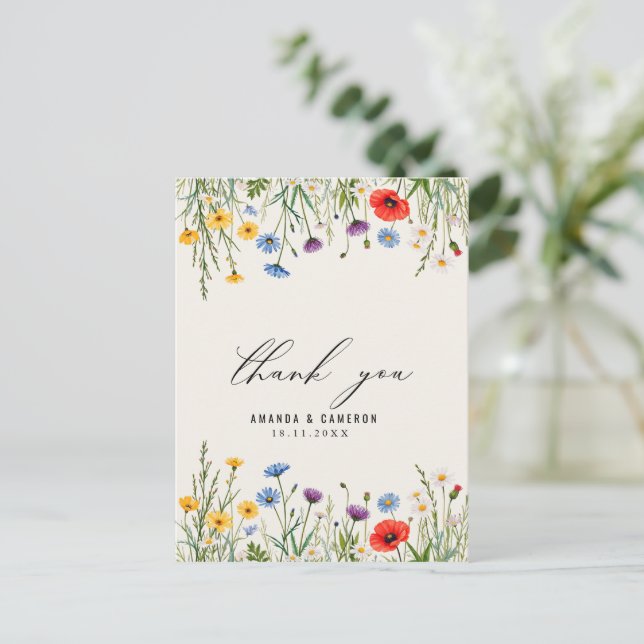 Postal Primavera Wild Flower Meadow Boda Gracias (Anverso de pie)