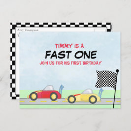 Postal Primer Cumpleaños Boys Race Car Track Moderno Dive