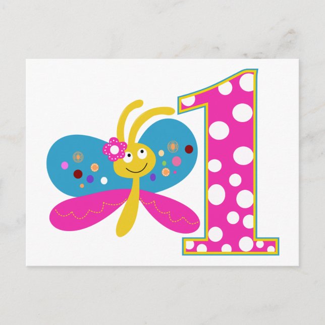 Postal Primer cumpleaños de Girly Butterfly (Anverso)