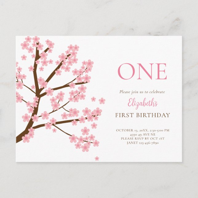 Postal Primer Cumpleaños Floral Cerezo Flor Sakura Lindo (Anverso)