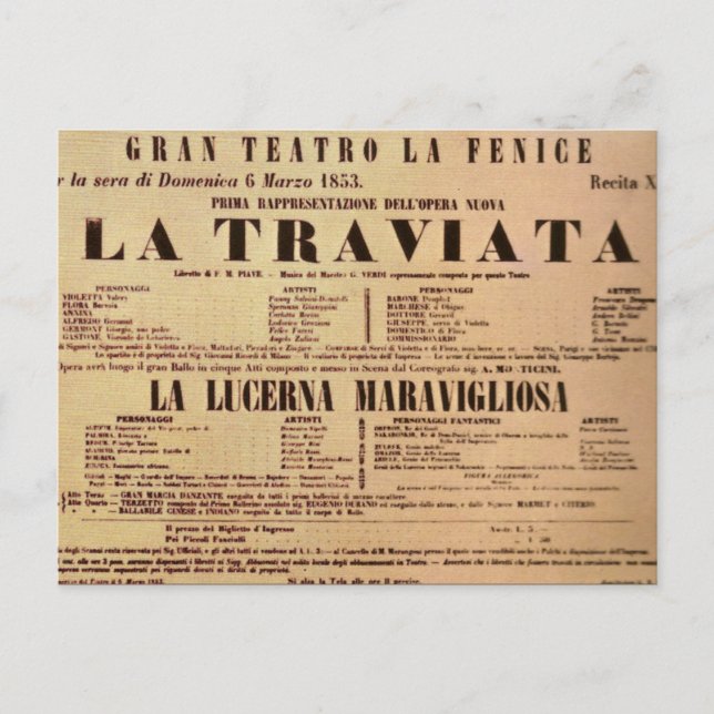 Postal Primer Poster mundial de La Traviata (1853) (Anverso)