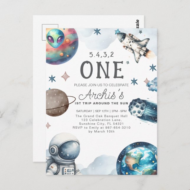 Postal Primer viaje alrededor del cumpleaños de astronaut (Anverso / Reverso)