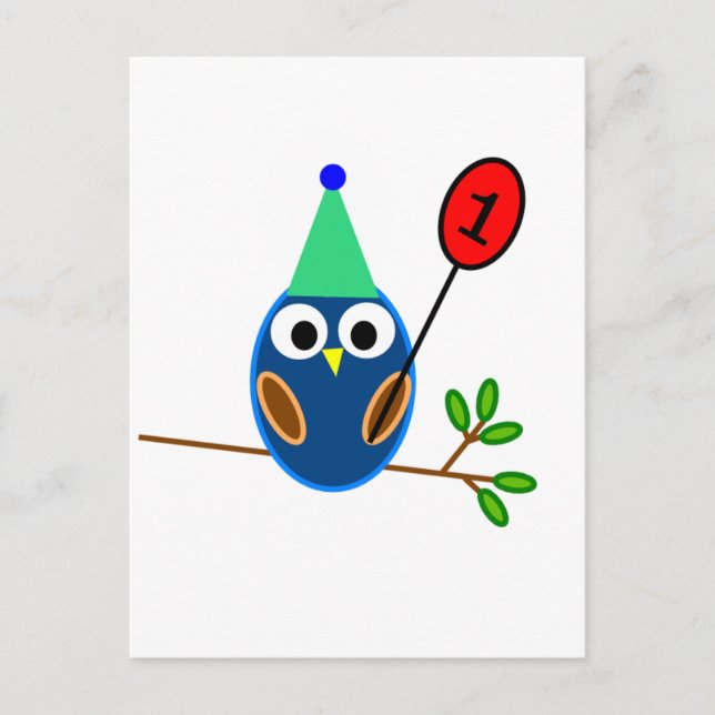 Postal Primera celebración de cumpleaños, Lechuza Cute (Anverso)