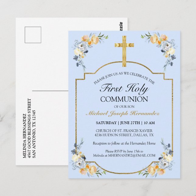 Postal Primera Comunión Cruz de Oro Elegante Floral Azul (Anverso / Reverso)