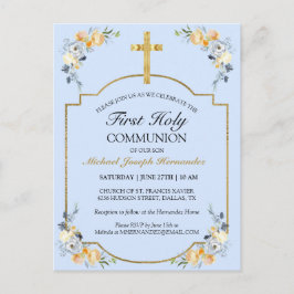 Postal Primera Comunión Cruz de Oro Elegante Floral Azul