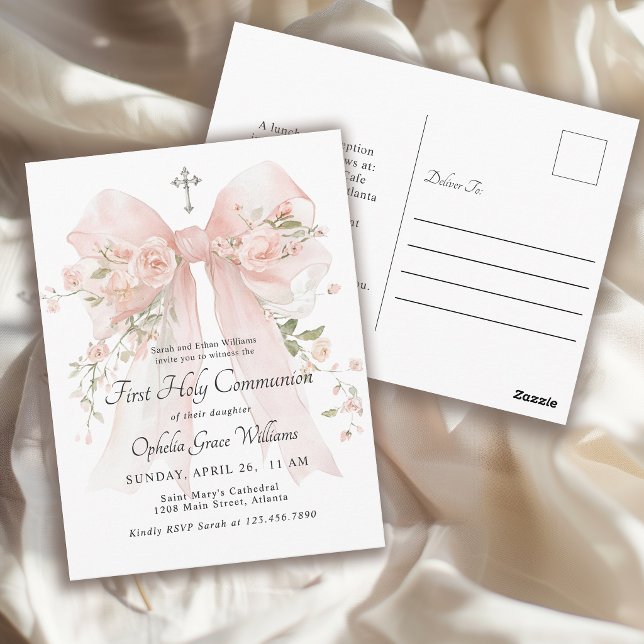 Postal Primera Comunión de Niña Arco Floral Rosa (Subido por el creador)