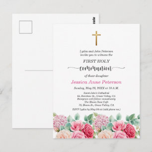 Postal Primera Comunión de Niña Cruz de Oro Rosas Florale