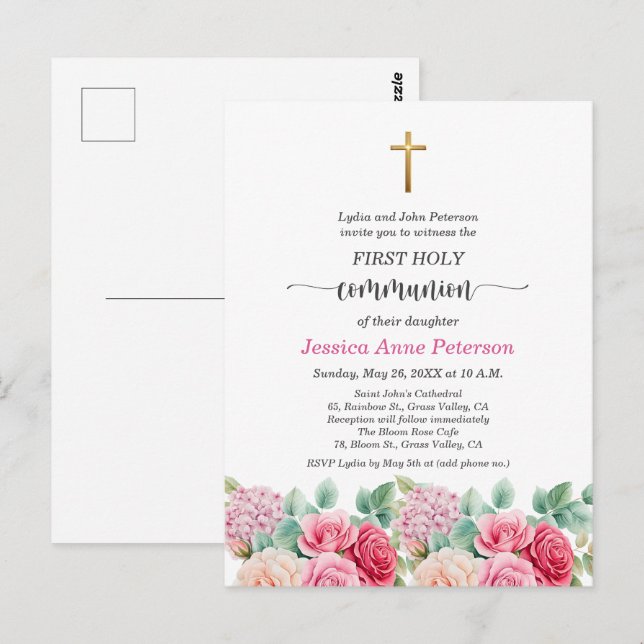 Postal Primera Comunión de Niña Cruz de Oro Rosas Florale (Anverso / Reverso)