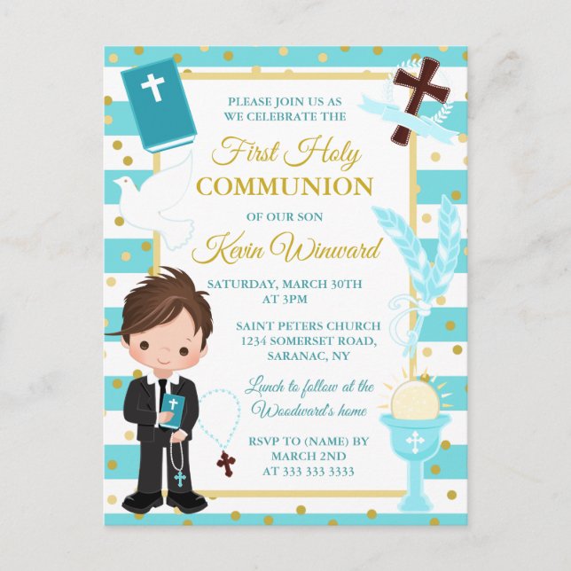 Postal Primera Comunión de Niño Moreno con Raya Azul (Anverso)