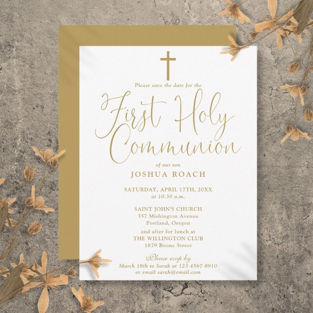 Postal Primera Comunión en Oro Guardar la Fecha (Gold First Holy Communion Save The Date Postcard)