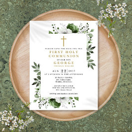 Postal Primera Comunión Floral Verde Guardar la Fecha