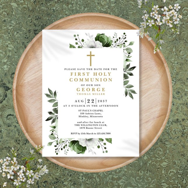 Postal Primera Comunión Floral Verde Guardar la Fecha (Green Floral First Holy Communion Save The Date Postcard)