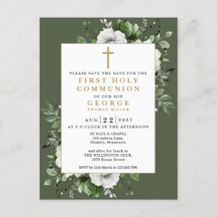 Postal Primera Comunión Floral Verde Guardar la Fecha
