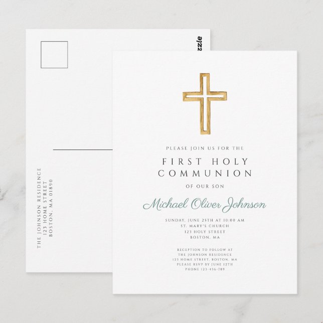 Postal Primera Comunión Niño Verde Religioso (Anverso / Reverso)