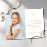 Postal Primera foto de Communición Santa Oro Gracias<br><div class="desc">Con el nombre de la firma del guión dorado. Personalice con su foto y su primer mensaje especial de agradecimiento a la comunión sagrada en letras de oro de moda en este diseño elegante. Diseñado por Thisisnotme©</div>