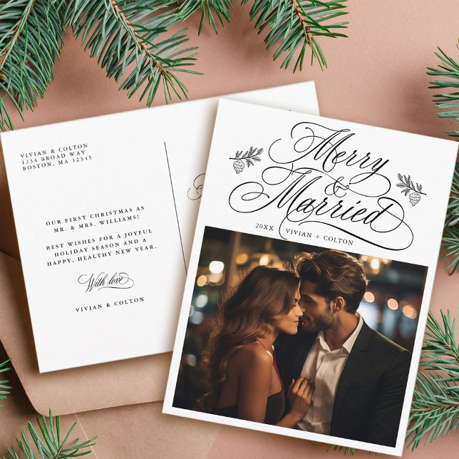 Postal Primera foto de navidad con recién casados (Front & Back)