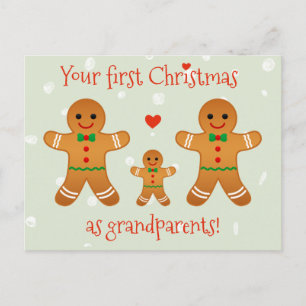 Postal Primera Navidad como abuelos - hombres con pan de