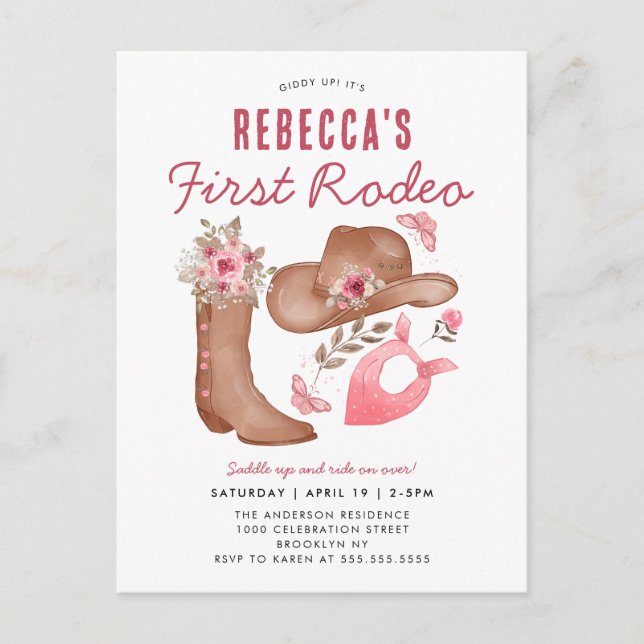 Postal Primera niña rosada de rodeo de rodeo primer cumpl (Anverso)