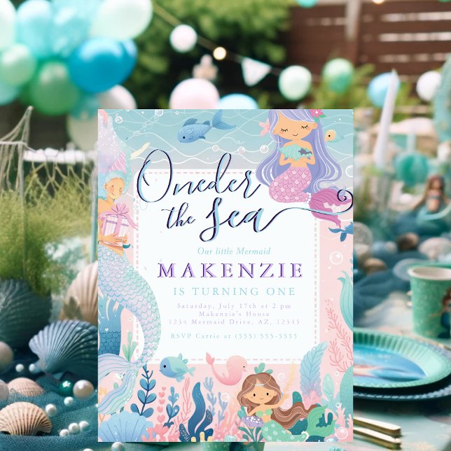 Postal Primera sirena de cumpleaños (First Birthday Unser the sea invitations postcard.)