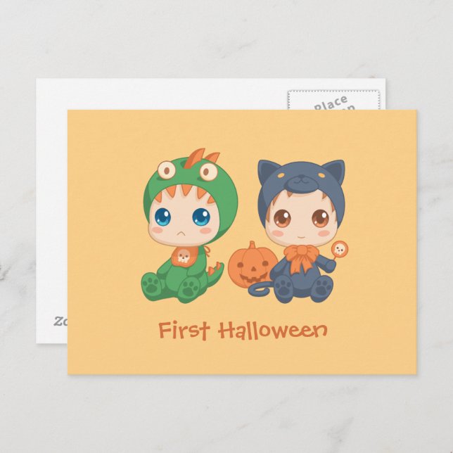 Postal Primeros bebés de Halloween Ropa de dragón de gato (Anverso / Reverso)