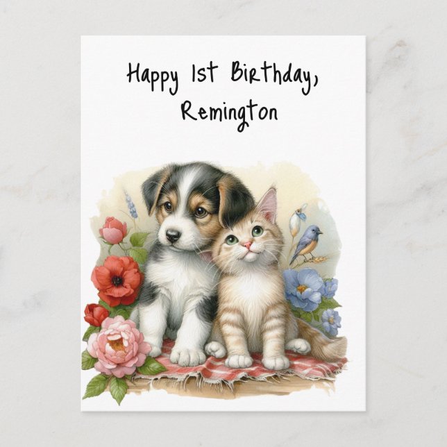 Postal Primeros cumpleaños personalizados de cachorros y  (Anverso)